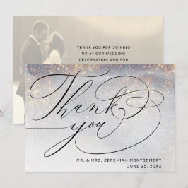 エレガントなシルバー ゴールド スパークル ウォーターカラー ウェディング フォト サンキューカード