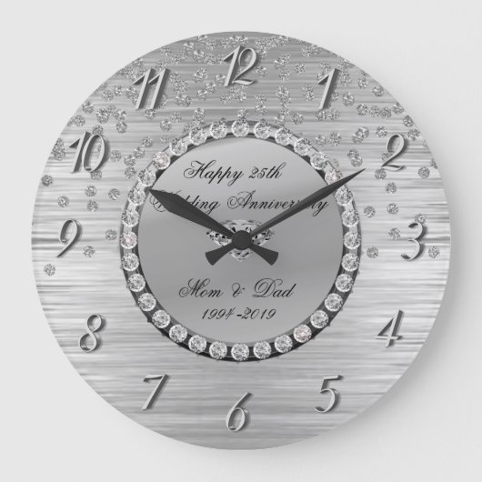 エレガントなシルバー ダイヤモンド 25周年結婚記念日 ラージ壁時計 (正面)