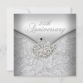 エレガントなシルバー ダマスク ホワイト スワン 25周年記念 招待状 (正面)