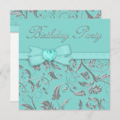 エレガントなシルバー ティールブルーの誕生日パーティー 招待状 (正面/裏面)
