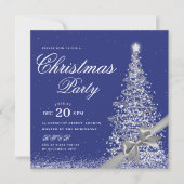 エレガントなシルバー ネイビー ウィンター クリスマス ツリー リボン 招待状 (正面)