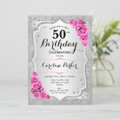 エレガントなシルバー ピンク フォト 50歳の誕生日 招待状 (スタンド正面)