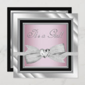 エレガントなシルバー ピンク ブラックのベビーガールシャワー 招待状 (正面/裏面)