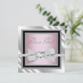 エレガントなシルバー ピンク ブラックのベビーガールシャワー 招待状 (スタンド正面)