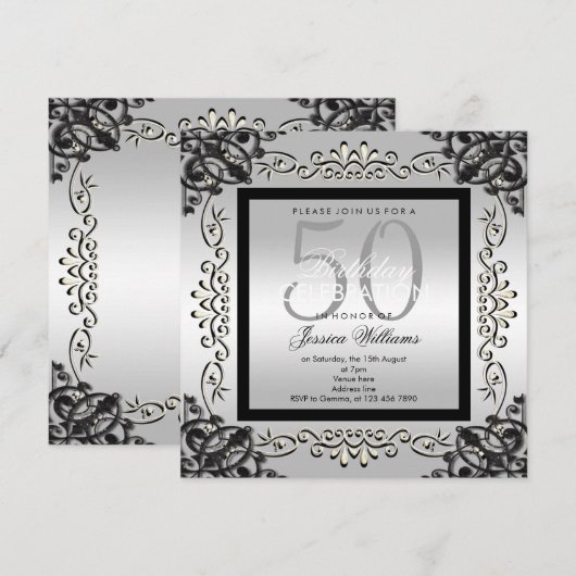 エレガントなシルバー＆ブラックの女性の50歳の誕生日 招待状 (正面/裏面)