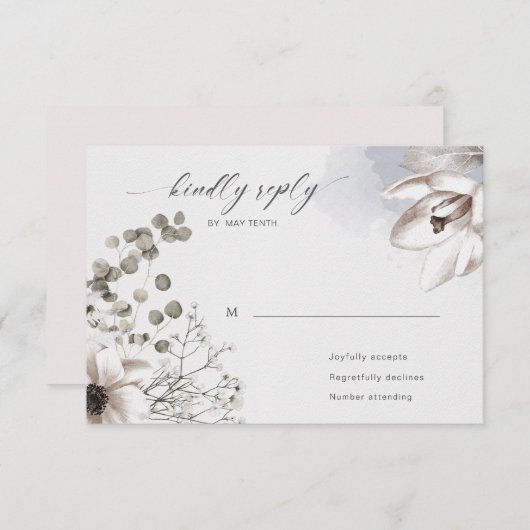 エレガントなシルバー ブラッシュ フローラル RSVP 返信カード (正面/裏面)