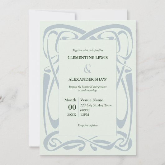 エレガントなシルバー ブルーとミント グリーンのヴィンテージ リボン 招待状 (正面)