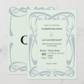 エレガントなシルバー ブルーとミント グリーンのヴィンテージ リボン 招待状 (正面/裏面)