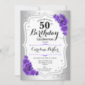 エレガントなシルバー ホワイト パープル フォト 50歳の誕生日 招待状 (正面)