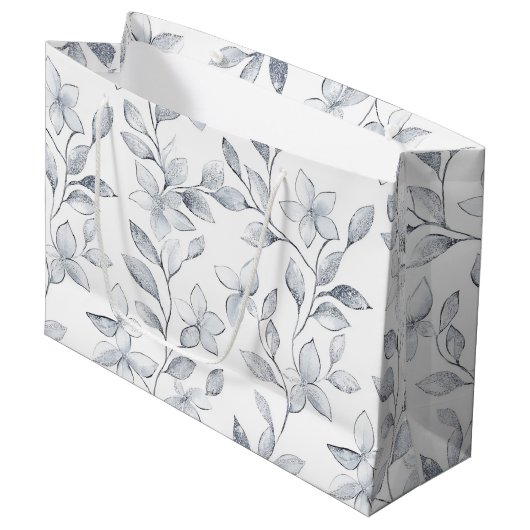 エレガントなシルバー ホワイト フローラル ウェディング ラージペーパーバッグ (正面アングル)
