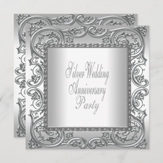 エレガントなシルバー ホワイト 25周年パーティー 招待状 (正面/裏面)
