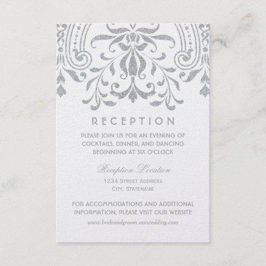 エレガントなシルバー ヴィンテージ グラマラス ウェディング レセプション エンクロージャーカード (正面)
