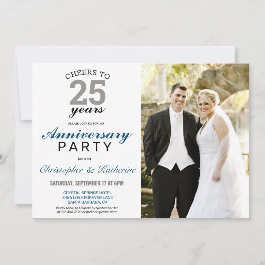 エレガントなシルバー 25周年結婚記念日 招待状 (正面)