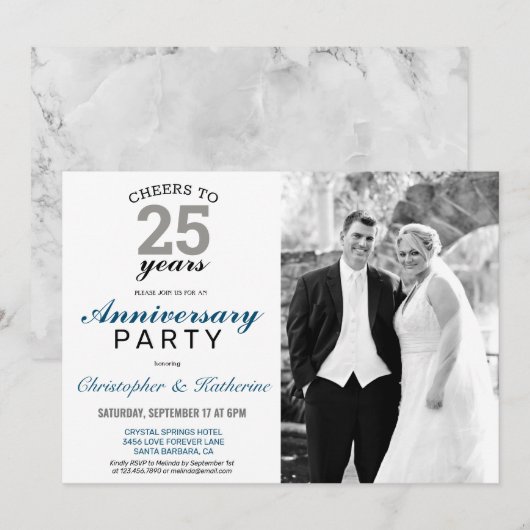 エレガントなシルバー 25周年結婚記念日 招待状 (正面/裏面)