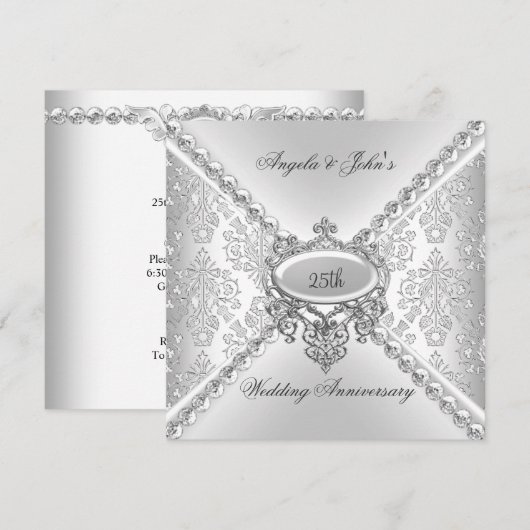 エレガントなシルバー 25周年 結婚記念日 ダマスク 招待状 (正面/裏面)