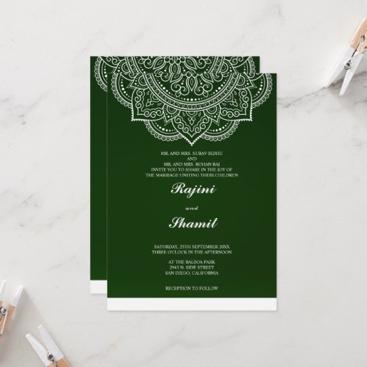 エレガントなシンプルさのエメラルドグリーンのペイズリー、インド、ヒンズー教 招待状 (正面/裏面インサイチュ)