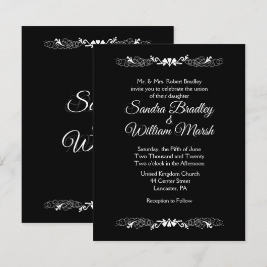エレガントなシンプルなブラック＆ホワイトの結婚式招待状 招待状 (正面/裏面)