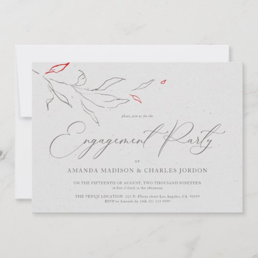 エレガントなシンプルな灰色と赤い花のエンゲージメントパーティー 招待状 (正面)