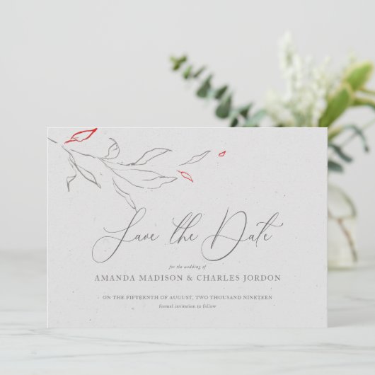 エレガントなシンプルな灰色と赤の花 Save the date 招待状 (スタンド正面)