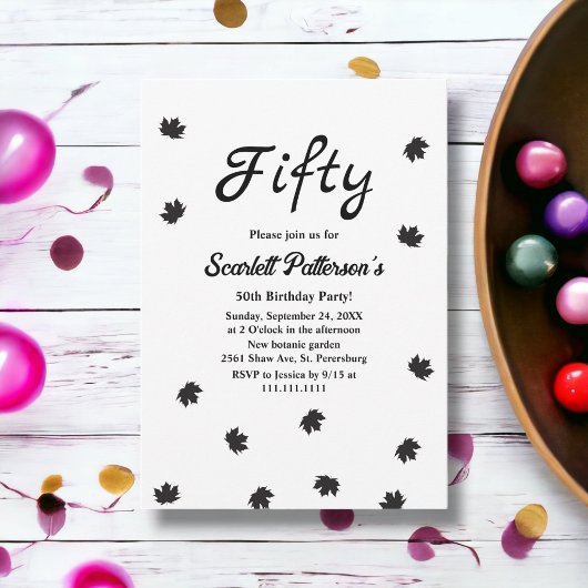 エレガントなシンプルブラックアンドホワイトの秋の50歳の誕生日 招待状