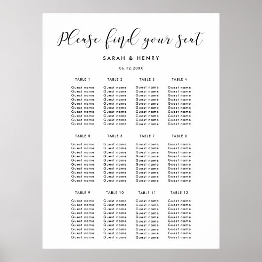 エレガントなシンプル結婚式の座席表 ポスター (正面)