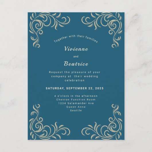 エレガントなシーグリーンゴールドスクロール結婚式招待状 ポストカード (正面)
