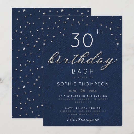 エレガントなジュエリー ネイビー スパークル グリッター 誕生日パーティー 招待状 (正面/裏面)