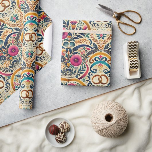 エレガントなジュエルトーンの絡み合うリングのウェディング ラッピングペーパー (クラフト)