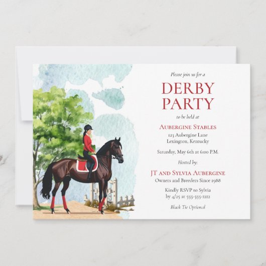 エレガントなジョッキーとレースホースのダービーパーティー 招待状 (正面)