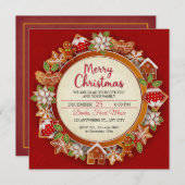 エレガントなジンジャーブレッド＆ポインセチアのクリスマス 招待状 (正面/裏面)