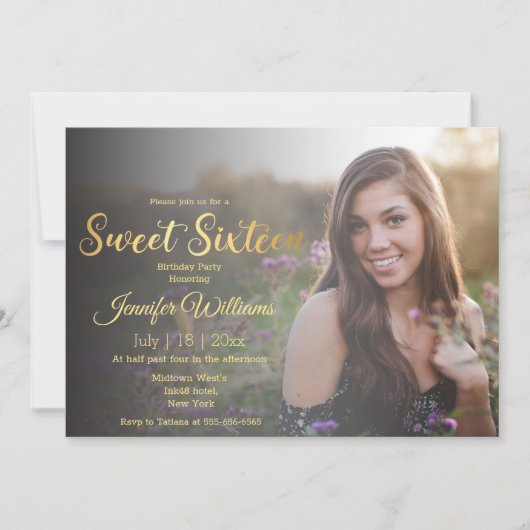 エレガントなスイート16 ゴールド シックなカリグラフィー フォト 招待状 (正面)