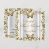 エレガントなスウィート16 16ホワイトゴールドバタフライ2 招待状 (正面/裏面)