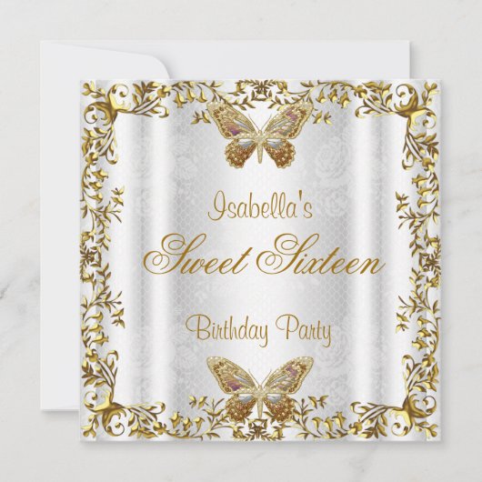 エレガントなスウィート16 16ホワイトゴールドバタフライ2 招待状 (正面)