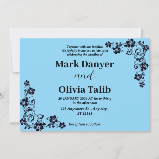 エレガントなスカイブルー結婚式招待状 - ロマンチック 招待状 (正面)