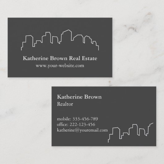 エレガントなスカイラインの輪郭の不動産仲介業者の名刺 名刺 (正面/裏面)