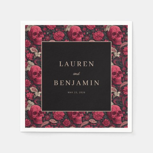 エレガントなスカルとフラワーのウェディング招待状 スタンダードカクテルナプキン (正面)
