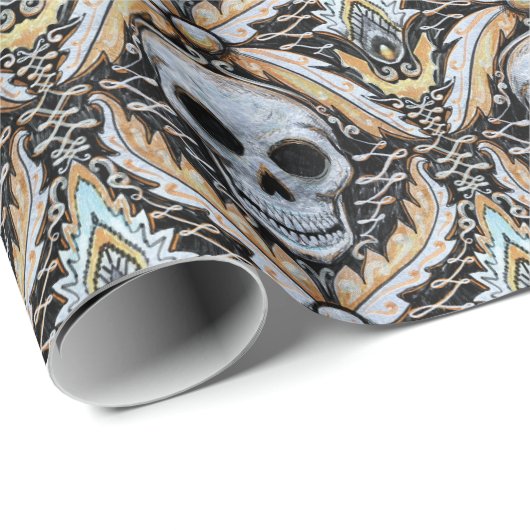 エレガントなスカルのダマスク織のハロウィンのギフト用包装紙 ラッピングペーパー (ロールコーナー)