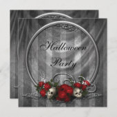 エレガントなスカル及びバラのハローウィンパーティの招待 招待状 (正面/裏面)