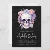 エレガントなスカル＆フラワーのゴシック ハロウィン 誕生日 招待状 (正面)