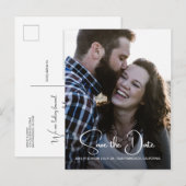 エレガントなスクリプトでおめでたい日を予告するエンゲージメント写真カード 案内ポストカード (正面/裏面)