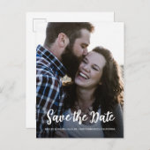 エレガントなスクリプトでセーブ・ザ・デートのエンゲージメント写真 案内ポストカード (正面/裏面)