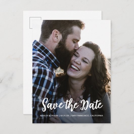 エレガントなスクリプトでセーブ・ザ・デートのエンゲージメント写真 案内ポストカード (正面/裏面)