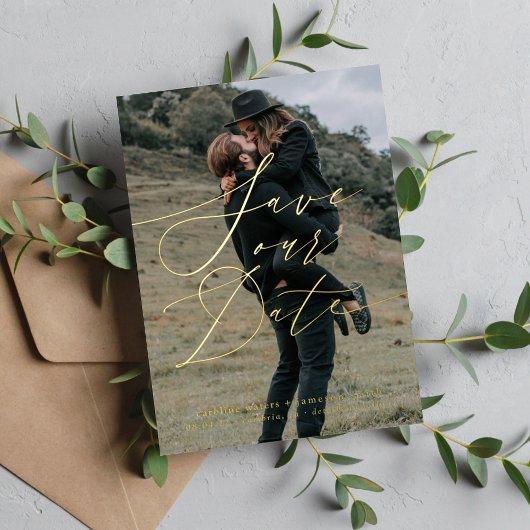 エレガントなスクリプトでセーブ・ザ・デート 箔招待状