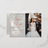 エレガントなスクリプトと写真の結婚式 Save The Date 箔招待状ポストカード (正面/裏面)