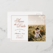 エレガントなスクリプトと写真の結婚式 Save The Date 箔招待状ポストカード (正面/裏面)