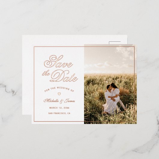 エレガントなスクリプトと写真の結婚式 Save The Date 箔招待状ポストカード (正面/裏面)