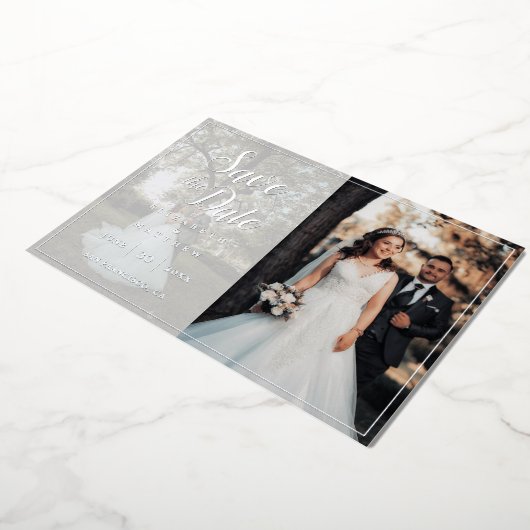 エレガントなスクリプトと写真の結婚式 Save The Date 箔招待状 (回転した状態)