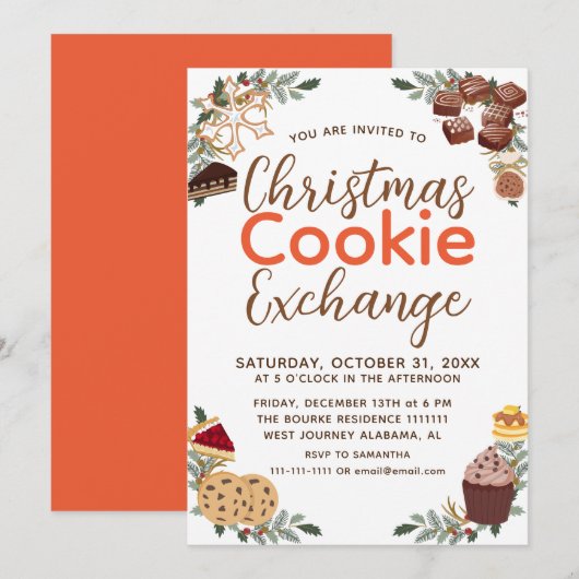 エレガントなスクリプトのクリスマス・クッキー交換パーティー 招待状 (正面/裏面)