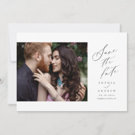 エレガントなスクリプトのシンプルな写真の結婚式の事前案内状 セーブザデート