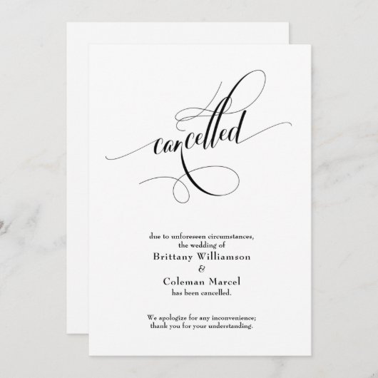 エレガントなスクリプトの結婚式中止のお知らせ 招待状 (正面/裏面)